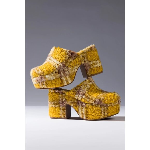 Larroude Miso Platform Clog Dijon Yellow Plaid Shearling Heels Size 10 | 40 $350 - Picture 1 of 10